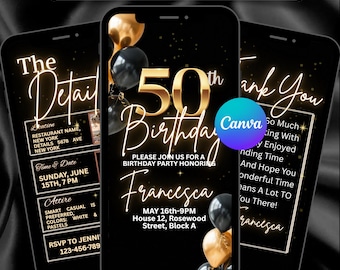 Digital 50th Birthday Party Invitation Video Template, Luxury Black and Gold Balloon Editable Invite, Women’s Birthday Animated Canva Evite