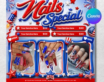 4th of July Nail Salon Flyer Template, Independence Day Nail Special Promo, Patriotic Nail Art Marketing Flyer, Canva Editable Social Media.