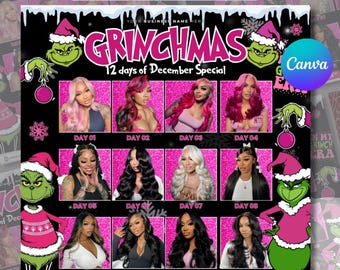 Folleto de reservas de diciembre, Folleto de los 12 días de Grinchmas, Maquillaje, Pestañas y Peluquería, Folleto de reservas para las fiestas, Folleto de reservas DIY (¡reserva ya!)