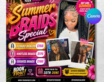 Summer Braid Sale Flyer, Summer Sale Flyer, Braid Prices Flyer, Braids Sale Flyer, Hair Flyer, Lashes Flyer, Braids Special Flyer Template