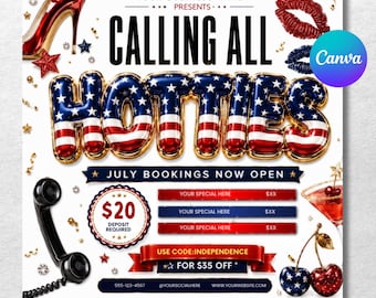 July Booking Flyer, Calling All Hotties, 4th of July Booking Flyer, Canva Editable New Client Flyer, Hair Nail Lash Makeup, Instant Download