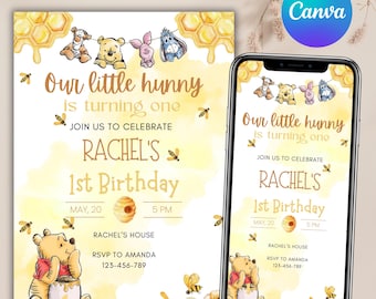 Classic Winnie the Pooh First Birthday Invitation, Editable Winnie The Pooh 1st Birthday Party Invite, Editable & Printable Invite