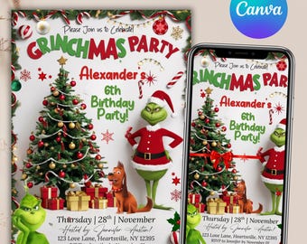 Grinchmas birthday Invitation, Merry Grinchmas invitation, Grinch Party Invitation, Christmas Party Template Editable, Printable