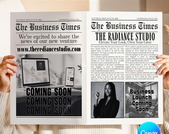 Plantilla editable para periódico empresarial: Gran inauguración, sesión de fotos (descarga digital)