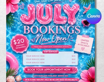 DIY July Booking Flyer, 4th of July Specials, July Bookings Available for MUA, Hair, Lashes, Nails, Beauty Flyer, Canva Template, Book Now