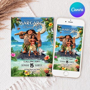 Baby Moana Birthday Invitation | Editable Canva Template Evite | Printable Ocean Theme Party Invite for Girl | Instant Digital Download Card