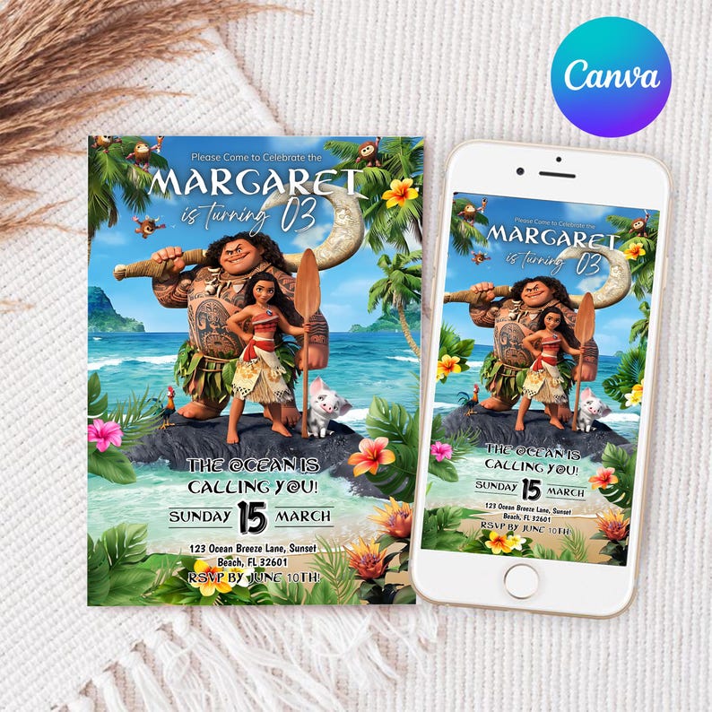 Baby Moana Birthday Invitation | Editable Canva Template Evite | Printable Ocean Theme Party Invite for Girl | Instant Digital Download Card