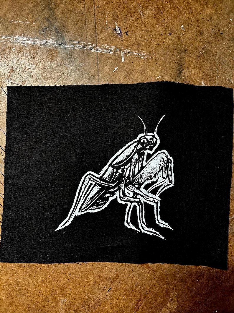 Pode incluir: Um remendo de tecido preto com uma imagem bordada branca de uma mantis religiosa. A mantis est&aacute; voltada para o lado direito da imagem e tem as patas dianteiras levantadas em posi&ccedil;&atilde;o de ora&ccedil;&atilde;o.