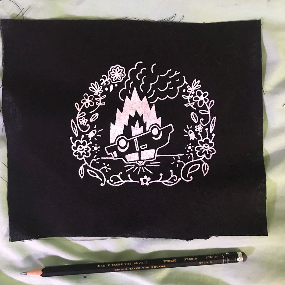 FOLK ART cop car on fire PATCH this was my favorite thing I drew in the last couple weeks so I hope you feel the same way