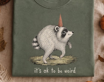 Jimothy Raccoon It's OK To Be Weird Comfort Colors® T-Shirt, Seattle Short Spine King Raccoon Tee, Viral Party Hat Raccoon Lover Quirky Gift