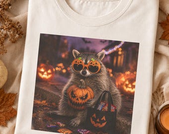 May include: A cream-colored t-shirt featuring a graphic of a raccoon wearing orange pumpkin-shaped sunglasses. The raccoon holds a carved jack-o'-lantern and sits next to a black trick-or-treat bag filled with candy, set against a dark autumn background.
