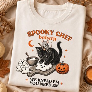 Kitty Spooky Chef Bakery Comfort Colors® T-Shirt, Black Cat Halloween Baking Shirt, Ghost Cookie Baker Tee, Cottagecore Cat Lover Fall Gift