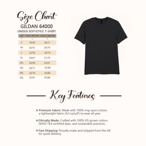 May include: Black Gildan 64000 unisex softstyle t-shirt. The size chart shows chest measurements from 18 inches (46 cm) to 32 inches (81 cm) and lengths from 28 inches (71 cm) to 35 inches (89 cm). Key features include premium fabric, ethically made, and fast shipping.