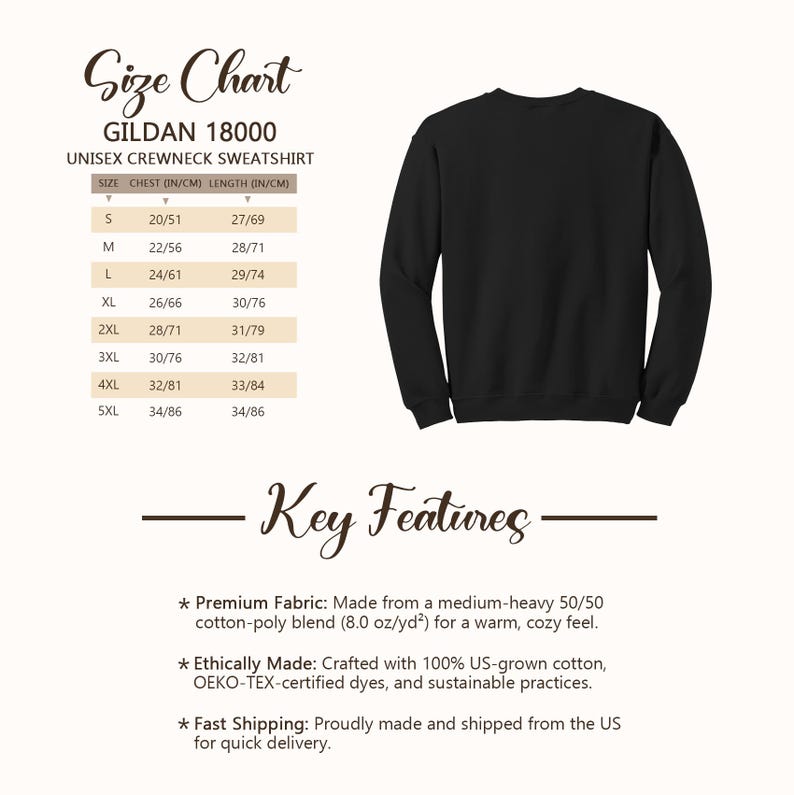 May include: Black unisex crewneck sweatshirt, size chart included. Features premium fabric, ethically made with US-grown cotton, and fast shipping. The size chart shows chest measurements from 20 inches to 34 inches and lengths from 27 inches to 34 inches.