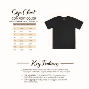 May include: Black unisex jersey short sleeve tee. The image includes a size chart with chest and length measurements in inches and centimeters. Key features include premium fabric, ethically made, and fast shipping.
