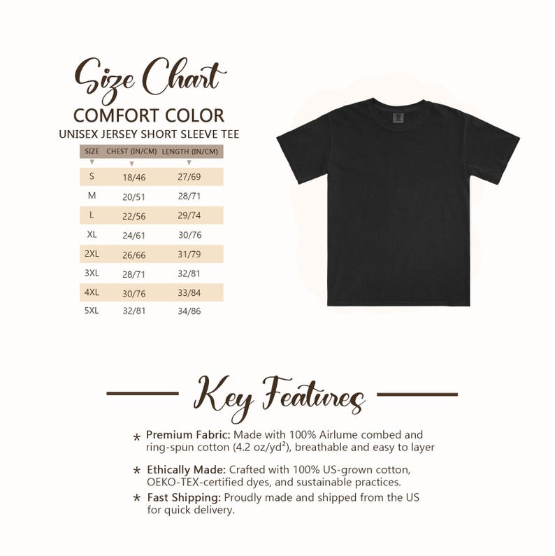 May include: Black unisex jersey short sleeve tee. The image includes a size chart with chest and length measurements in inches and centimeters. Key features include premium fabric, ethically made, and fast shipping.