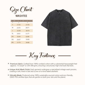 May include: Dark gray Washtee t-shirt with a crew neck. The image includes a size chart with chest and length measurements in inches and centimeters. Key features include premium fabric, a unique acid-wash finish, and ethically made.