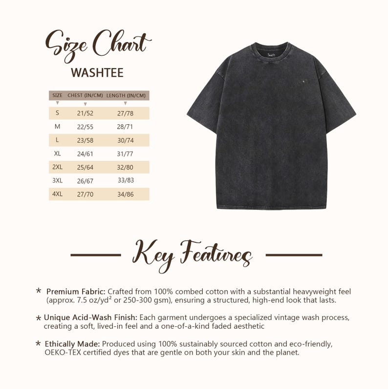 May include: Dark gray Washtee t-shirt with a crew neck. The image includes a size chart with chest and length measurements in inches and centimeters. Key features include premium fabric, a unique acid-wash finish, and ethically made.