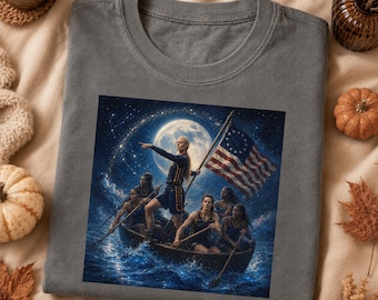 May include: A charcoal gray crew neck t-shirt featuring a graphic print of a group of people rowing a boat on dark water under a full moon. One person stands in the boat holding a pole with a historical American flag with thirteen stars.