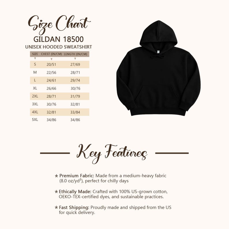 May include: A black unisex hooded sweatshirt with a front pocket and hood. The image includes a size chart with chest and length measurements in inches and centimeters. The chart lists sizes S to 5XL.