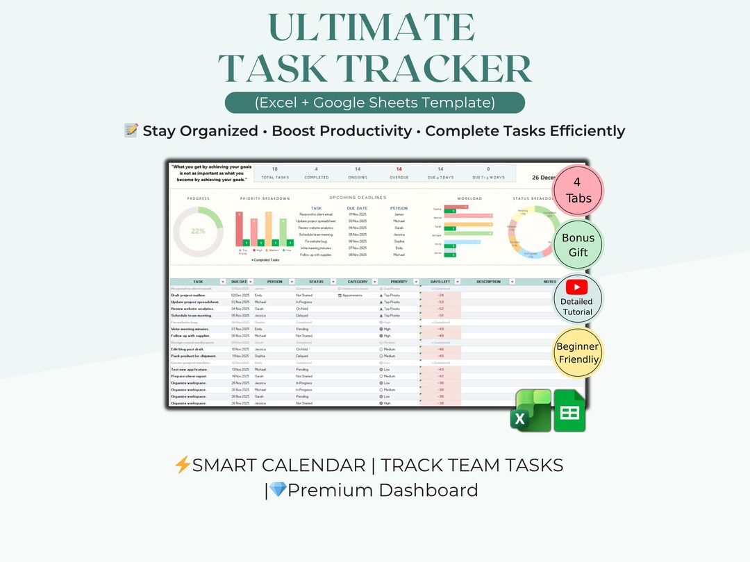 The Ultimate Task Tracker Spreadsheet Google Sheets Excel to Do List ...