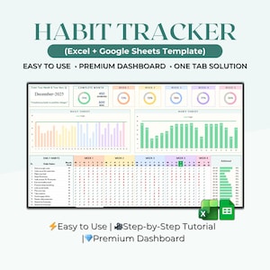 Hoja de cálculo para el seguimiento de hábitos Google Sheets Excel Planificador diario de hábitos Seguimiento semanal y mensual de objetivos Productividad Gestión del tiempo Hábitos digitales