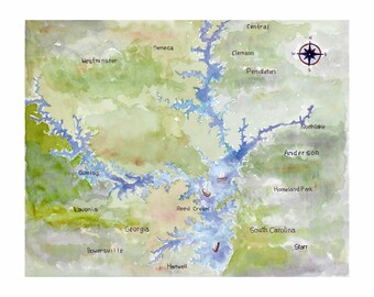 Lake Hartwell  Map watercolor print