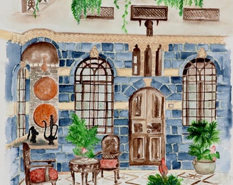 Old Damascus House watercolor painting print