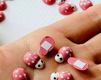 10 Tiny wooden pink ladybugs