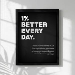 Puede incluir: Impresión enmarcada en negro con texto blanco: "1% BETTER EVERY DAY." Debajo del texto principal hay un párrafo más pequeño. La impresión se muestra contra una pared blanca.