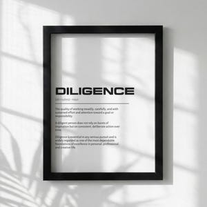 Väggkonst med definition av flit | Rent tryck med ihållande ansträngning | Minimalistisk affisch med hårt arbete | Modern kontorsinredning | Vit typografisk konst