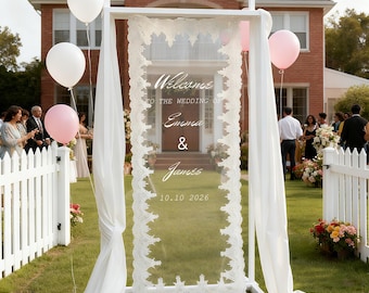 Personalized Lace Wedding Welcome Sign:  Clear Sheer Tulle Wedding Signage, Fabric Ceremony Reception Signage Banner