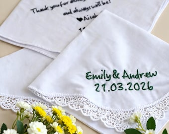 Personalized Embroidered Wedding Handkerchief, Custom Embroidered Handkerchief with Wedding Dat, Gift for Bride Bridal Linen Handkerchief