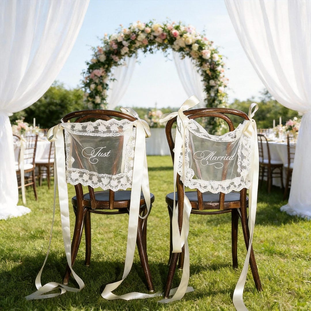Custom Sheer Lace Chair - Sheer Lace Just Married Signs for Chairs, Bride & Groom Sweetheart Table Sign Decor, Wedding Chair Banners - Just & Married