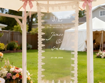 Personalisierte Sheer Lace Hochzeit Willkommensschild, Hochzeit Stoff Willkommensschild, moderne geschnürt schiere Hochzeit Willkommensschild, Leinen Hochzeitsschild
