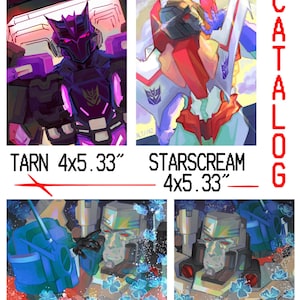 May include: A catalog page featuring four illustrations of Transformers characters. The first image shows Tarn in purple and black, the second shows Starscream in red, white, and blue. The third and fourth images show Megop. The dimensions are 4 x 5.33 inches and 4 x 4 inches.