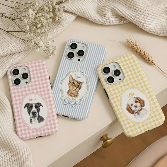 Custom Pet Phone Case, Personalized Dog Portrait From Photo Phone Case, Striped Phone Case, Dog Cat Phone Case Gift For Pet Lover