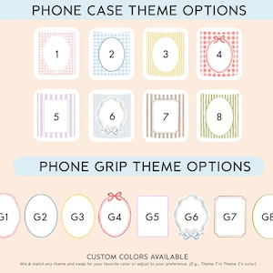 Op de afbeelding: Een overzicht met PHONE CASE THEME OPTIONS genummerd 1 tot 8 met diverse gestreepte en geruite achtergronden, en PHONE GRIP THEME OPTIONS gelabeld G1 tot G8 met ovale, rechthoekige en sierlijke kaderontwerpen in meerdere kleuren.