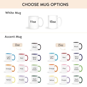 Puede incluir: Una tabla de productos titulada CHOOSE MUG OPTIONS que muestra tazas blancas de 325ml y 444ml, junto a tazas con acentos de color en el asa e interior en azul claro, rojo, marino, naranja, rosa, verde lima, amarillo, morado, verde oscuro y negro.