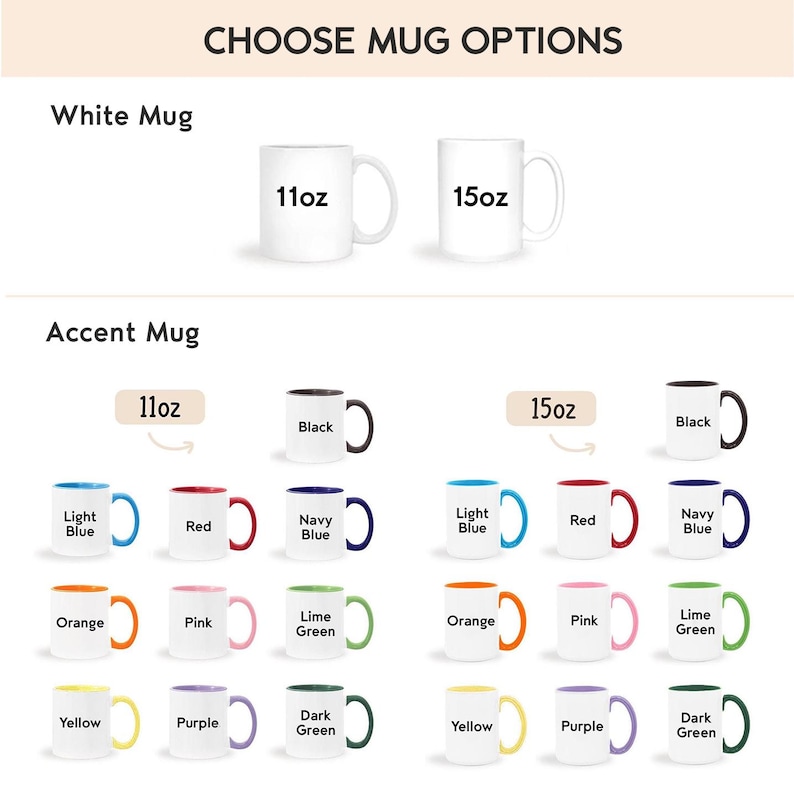 Puede incluir: Una tabla de productos titulada CHOOSE MUG OPTIONS que muestra tazas blancas de 325ml y 444ml, junto a tazas con acentos de color en el asa e interior en azul claro, rojo, marino, naranja, rosa, verde lima, amarillo, morado, verde oscuro y negro.