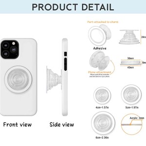 Op de afbeelding: Een doorzichtige, ronde telefoonhouder met een accordeonbasis, getoond in voor- en zijaanzicht op een witte smartphone. De productdetails bevatten afmetingen van 24mm, 36mm, 40mm, 4cm, 5cm, 6cm en 3mm voor de dikte van het acryl.
