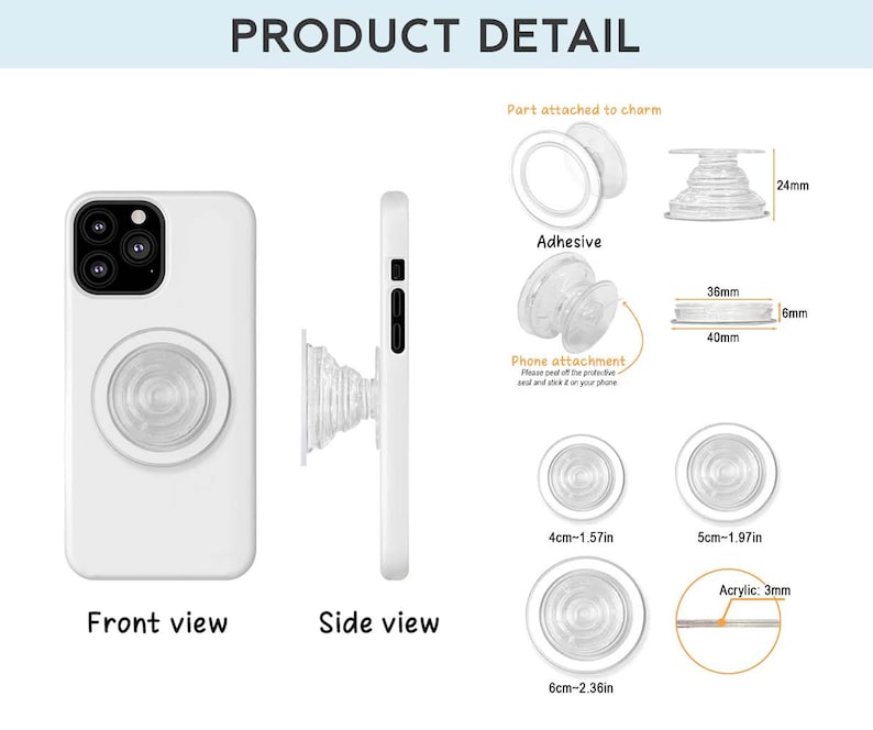 Op de afbeelding: Een doorzichtige, ronde telefoonhouder met een accordeonbasis, getoond in voor- en zijaanzicht op een witte smartphone. De productdetails bevatten afmetingen van 24mm, 36mm, 40mm, 4cm, 5cm, 6cm en 3mm voor de dikte van het acryl.