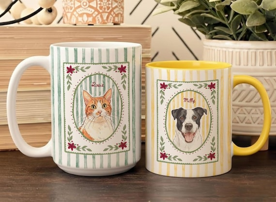 Custom Pet Mug, Personalized Dog or Cat Watercolor Portrait from Photo, Striped Mug for Pet Lovers, Dog Mom Gifts, Cat Mom Gift