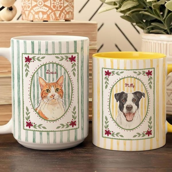 Custom Pet Mug, Personalized Dog or Cat Watercolor Portrait from Photo, Striped Mug for Pet Lovers, Dog Mom Gifts, Cat Mom Gift