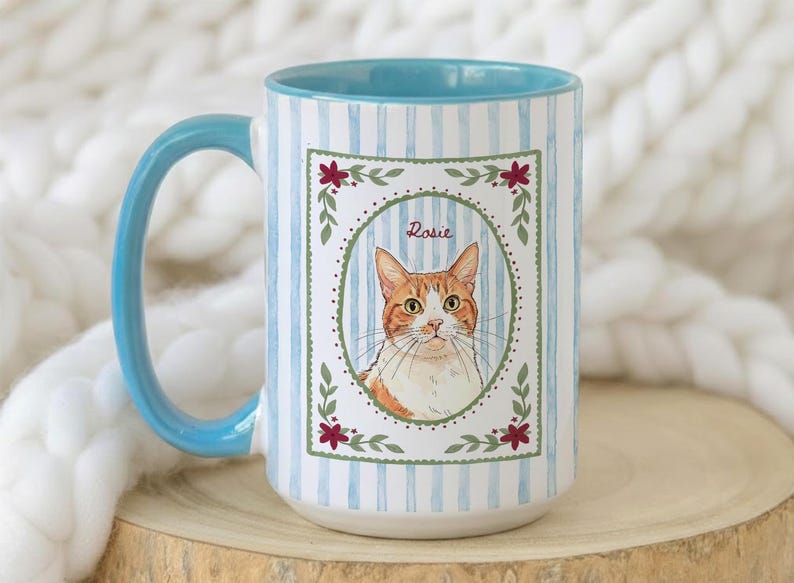Taza personalizada para mascotas, retrato personalizado de perro o gato en acuarela a partir de una foto, taza a rayas para amantes de las mascotas, regalos para mamás de perros, regalo para mamás de gatos imagen 11