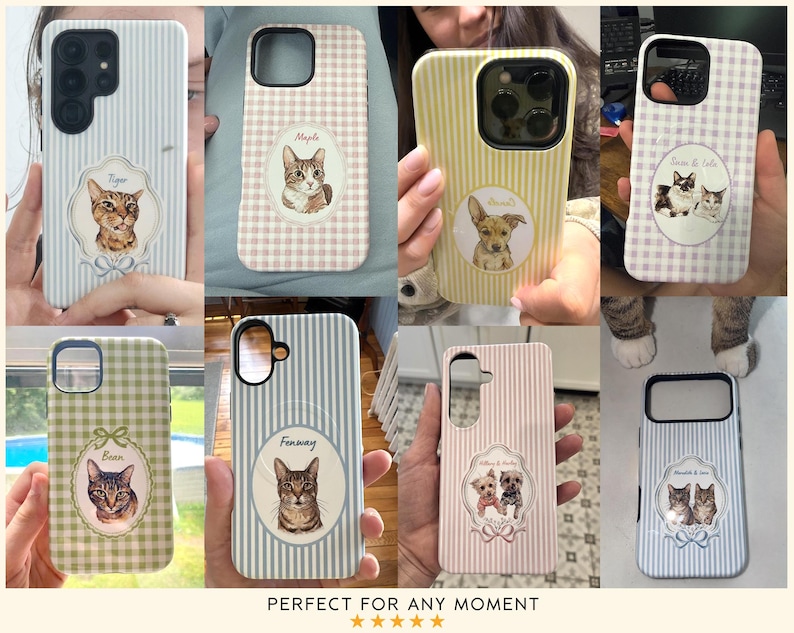 Op de afbeelding: Een collectie van acht smartphonehoesjes met diverse patronen, waaronder verticale strepen en vichy-ruitjes. Elk hoesje heeft een centraal ovaal kader met een aangepaste illustratie van een huisdier, soms voorzien van een naam.