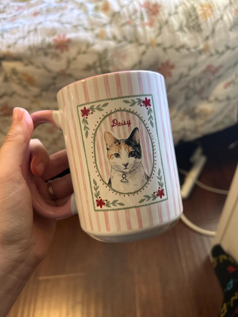 Taza personalizada para mascotas, retrato personalizado de perro o gato en acuarela a partir de una foto, taza a rayas para amantes de las mascotas, regalos para mamás de perros, regalo para mamás de gatos imagen 3