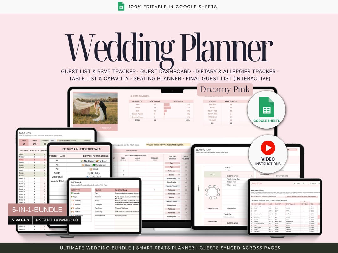 Wedding Invitation Planner Bundle: Guest List & Seating, Meal Tracker ...