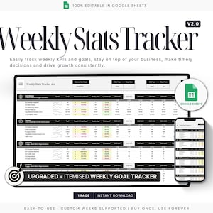 Könnte beinhalten: Ein digitales Produkt-Mockup eines wöchentlichen Statistik-Trackers, angezeigt auf einem Tablet und Smartphone. Der Tracker ist eine Tabelle mit Datentabellen und Diagrammen. Der Text enthält "Weekly Stats Tracker" und "Google Sheets".