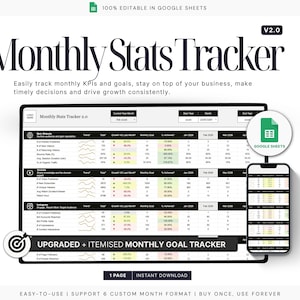 May include: A digital mockup of a Monthly Stats Tracker, shown on a tablet and smartphone. The spreadsheet displays data and graphs. Text includes "Monthly Stats Tracker" and "100% Editable in Google Sheets." The product is for business use.